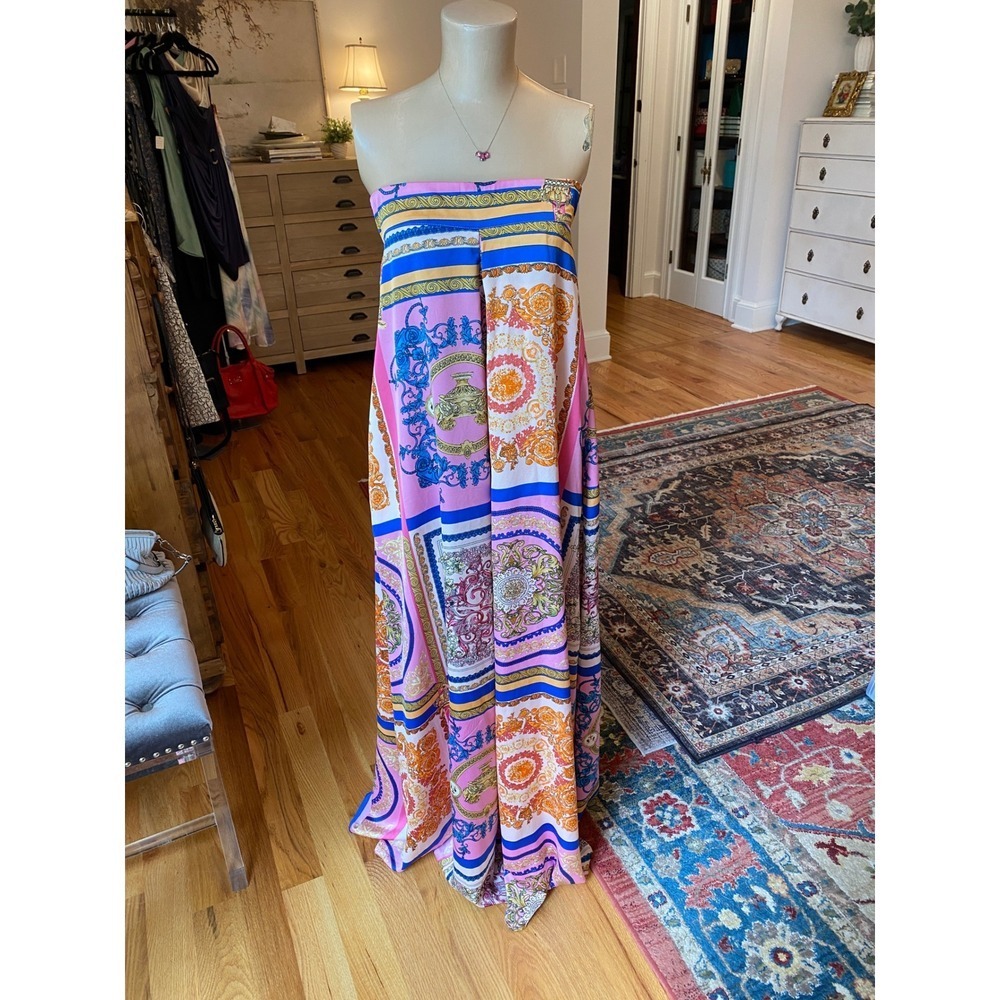 Aakaa Pink Baroque Scarf Print‎ Strapless Open Back Jumpsuit Flare Leg Large